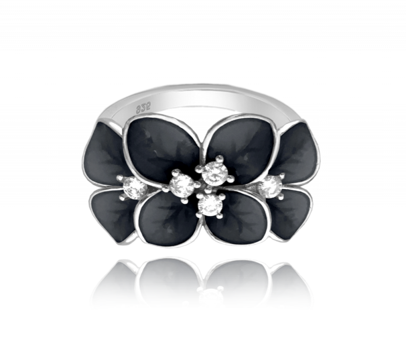Černý rozkvetlý stříbrný prsten MINET FLOWERS s bílými zirkony vel. 51