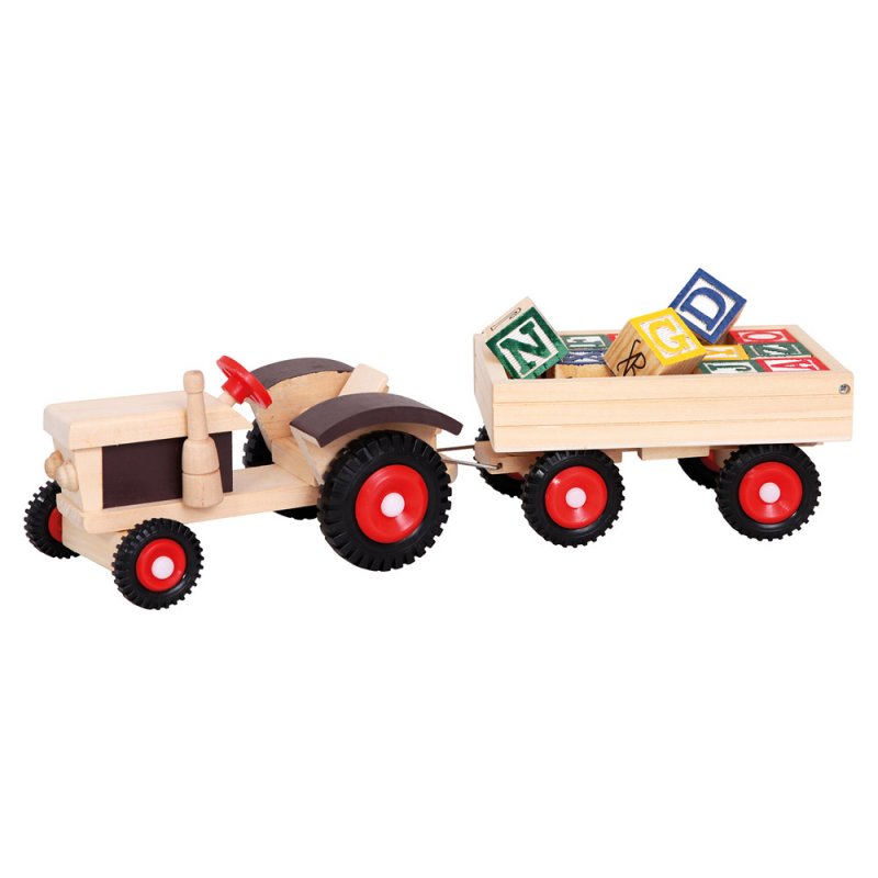 BINO dřevěný traktor s gumovými koly a vlekem