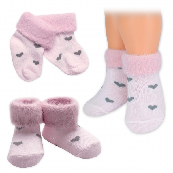 Bavlněné dětské ponožky s chlupáčkovým lemem, Srdíčka - růžov, vel.