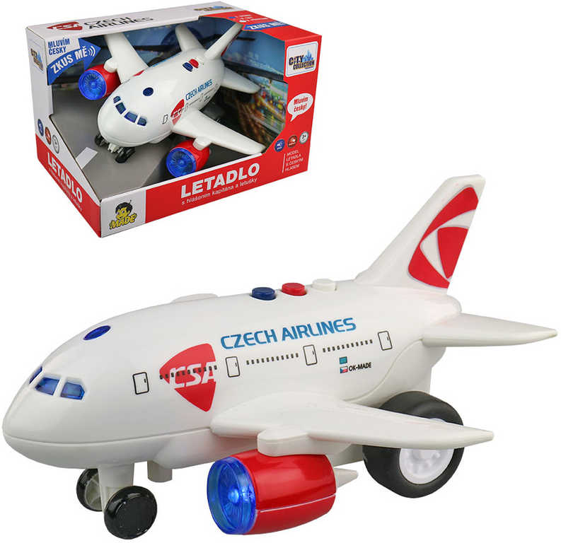 Letadlo ČSA Czech Airlines s hlášením na setrvačník na baterie CZ Světlo Zvuk