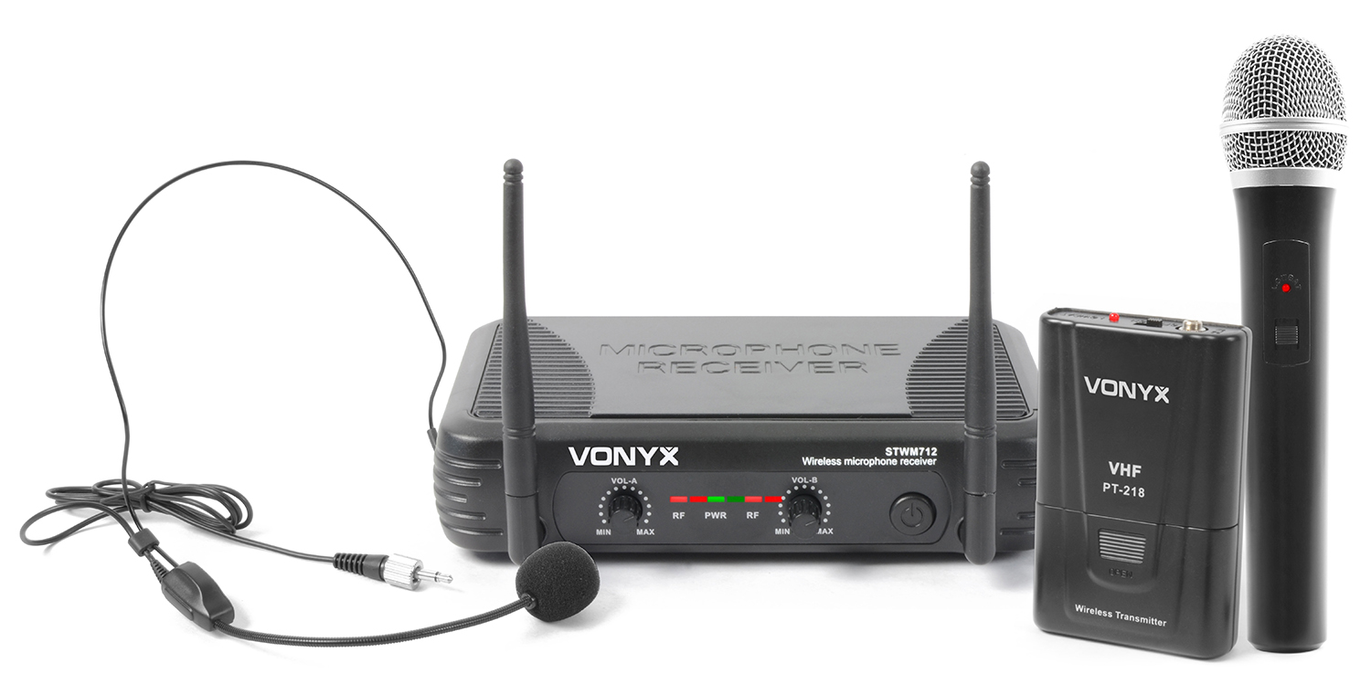 Skytec VHF mikrofonní set 2 kanálový, 1x ruční mikrofon, 1x náhlavní mikrofon