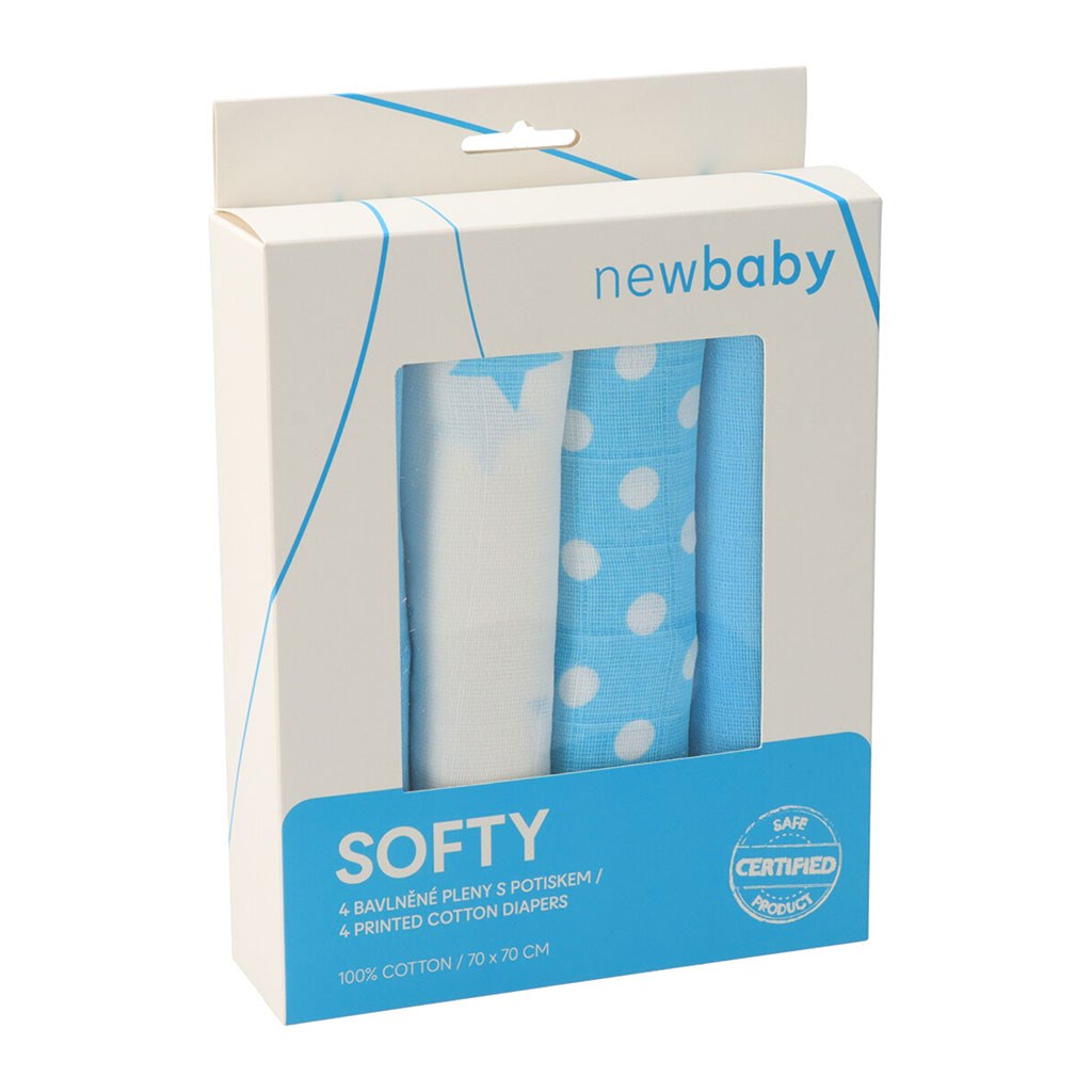Látkové bavlněné pleny New Baby Softy s potiskem 70 x 70 cm 4 ks tyrkysovo-bílé (poškozený obal) - tyrkysová
