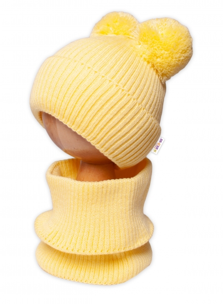 BABY NELLYS Zimní pletená čepice + nákrčník - žlutá s bambulkami - 92-98 (18-36m)