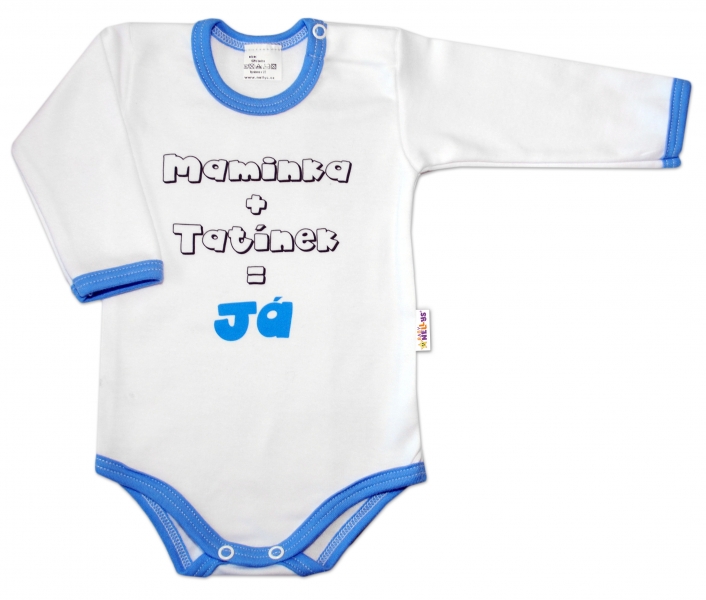 Baby Nellys Body dl. rukáv vel. 74, Maminka + tatínek = Já - modrý lem - 74 (6-9m)