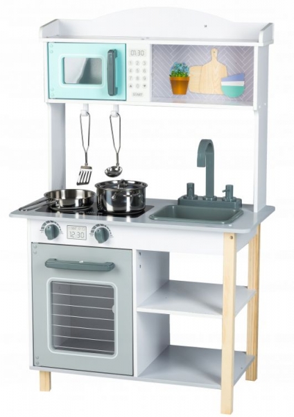 Eco Toys Dřevěná kuchyňka s příslušenstvím, 85 x 60 x 30 cm - šedá