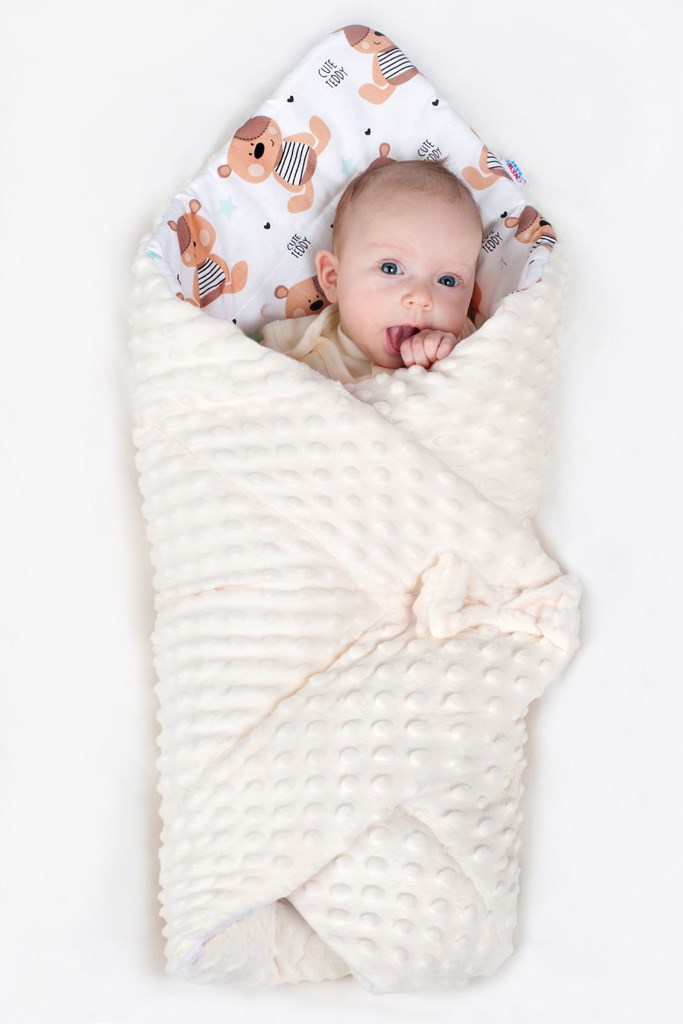 Oboustranná zavinovačka z Minky New Baby 75x75 cm teddy hvězdičky růžové - šedá