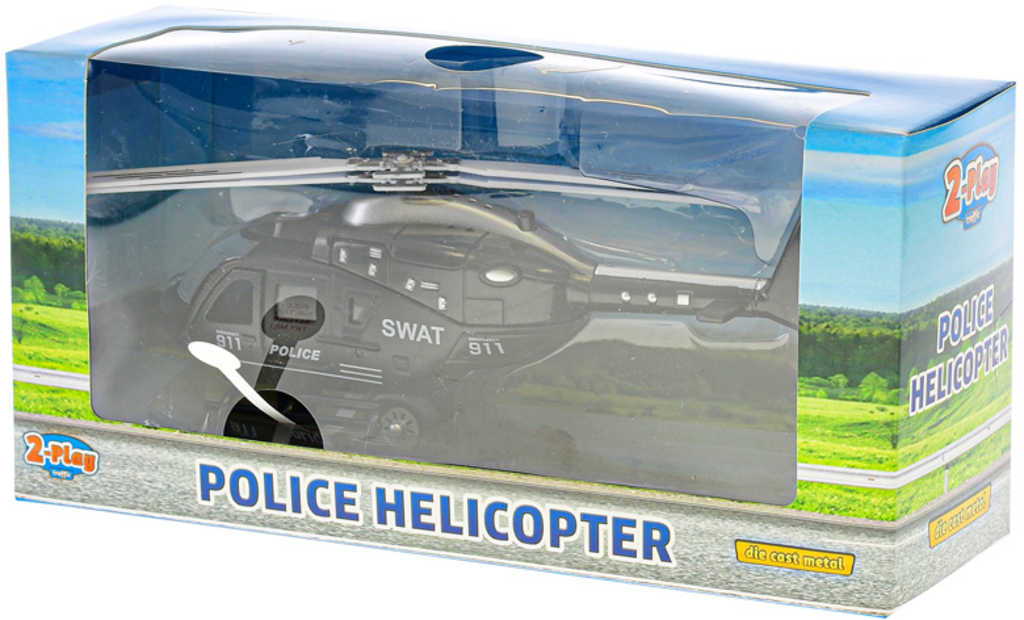 Vrtulník policejní černý 22cm zpětný chod na baterie Světlo Zvuk kov v krabici