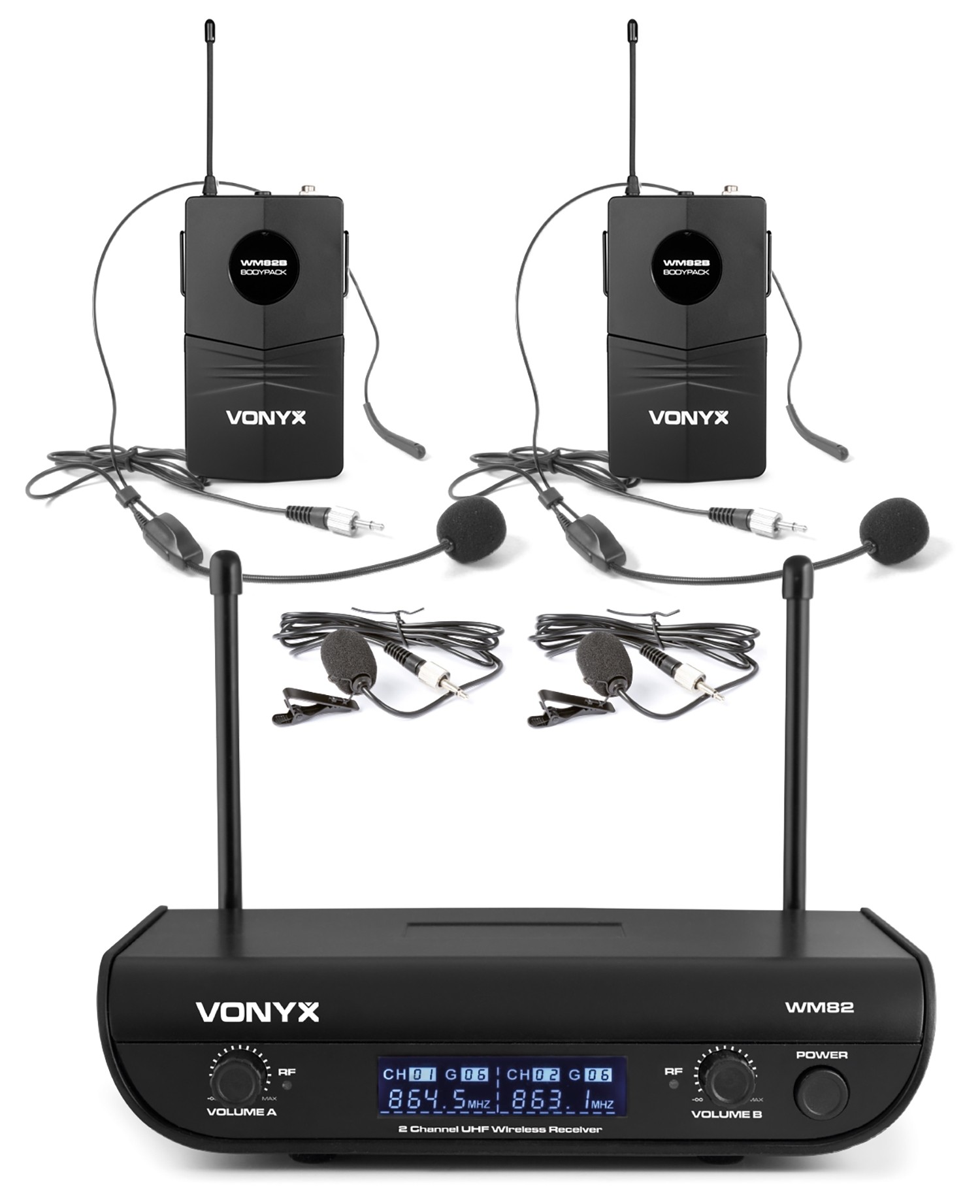 Vonyx WM82B, digitální UHF mikrofonní set 2 kanálový, 2x náhlavní mikrofon