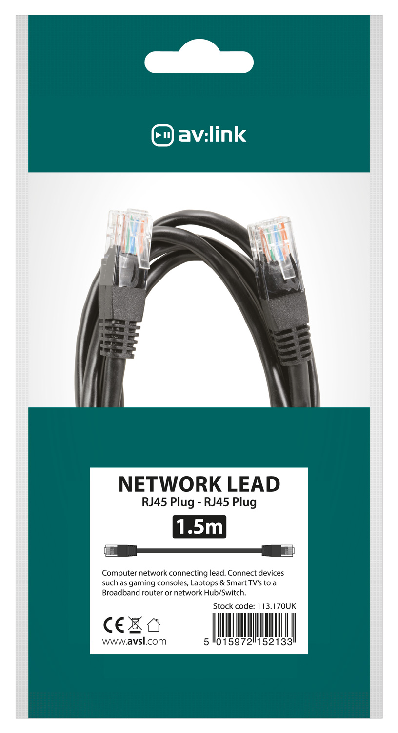 AV:link kabel U/UTP 1x RJ45 samec - 1x RJ45 samec, černý, 1.5m