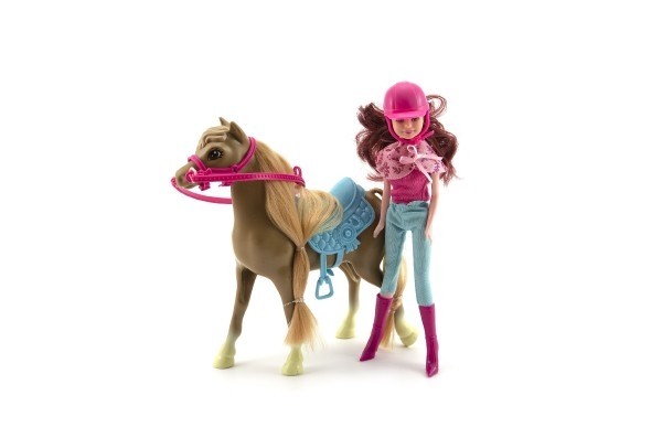 Kůň česací s doplňky + panenka žokejka 23cm plast v krabici 34x27x7cm