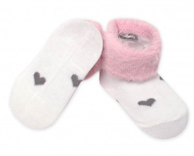 Bavlněné dětské ponožky s chlupáčkovým lemem, Srdíčka - bílé