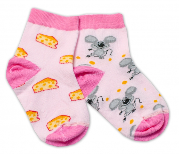 Baby Nellys Bavlněné veselé ponožky Myška a sýr - světle růžová, vel. 122/128 - 122-128 (6-8r)