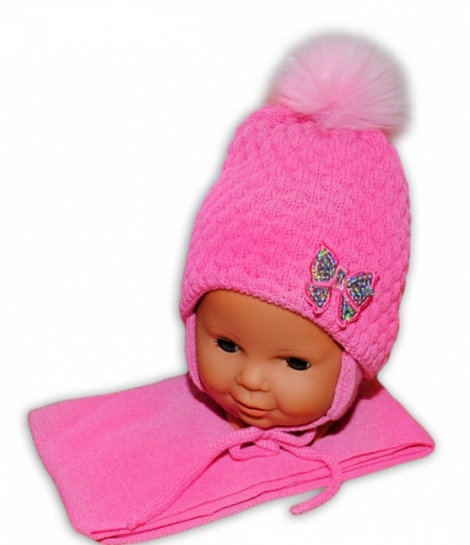 BABY NELLYS Zimní čepice/čepička Mašlička - pastelově růžová - 80-92 (12-24m)