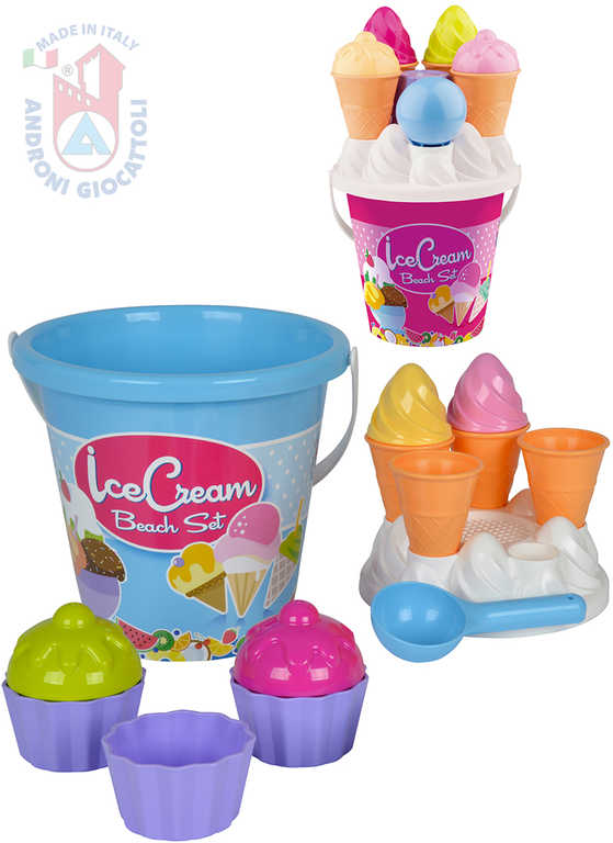 ANDRONI Výroba zmrzliny a cupcake set kyblík s formičkami na písek 14ks 2 barvy