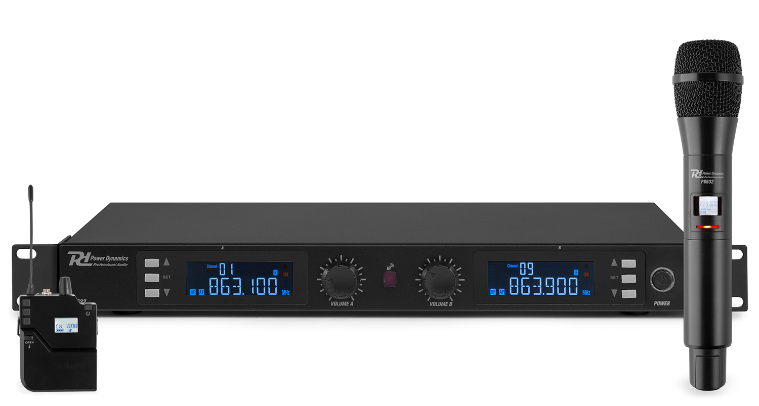 Power Dynamics PD632C, UHF mikrofonní set 2 kanálový, 1x ruční mikrofon, 1x náhlavní/klopový mikrofon