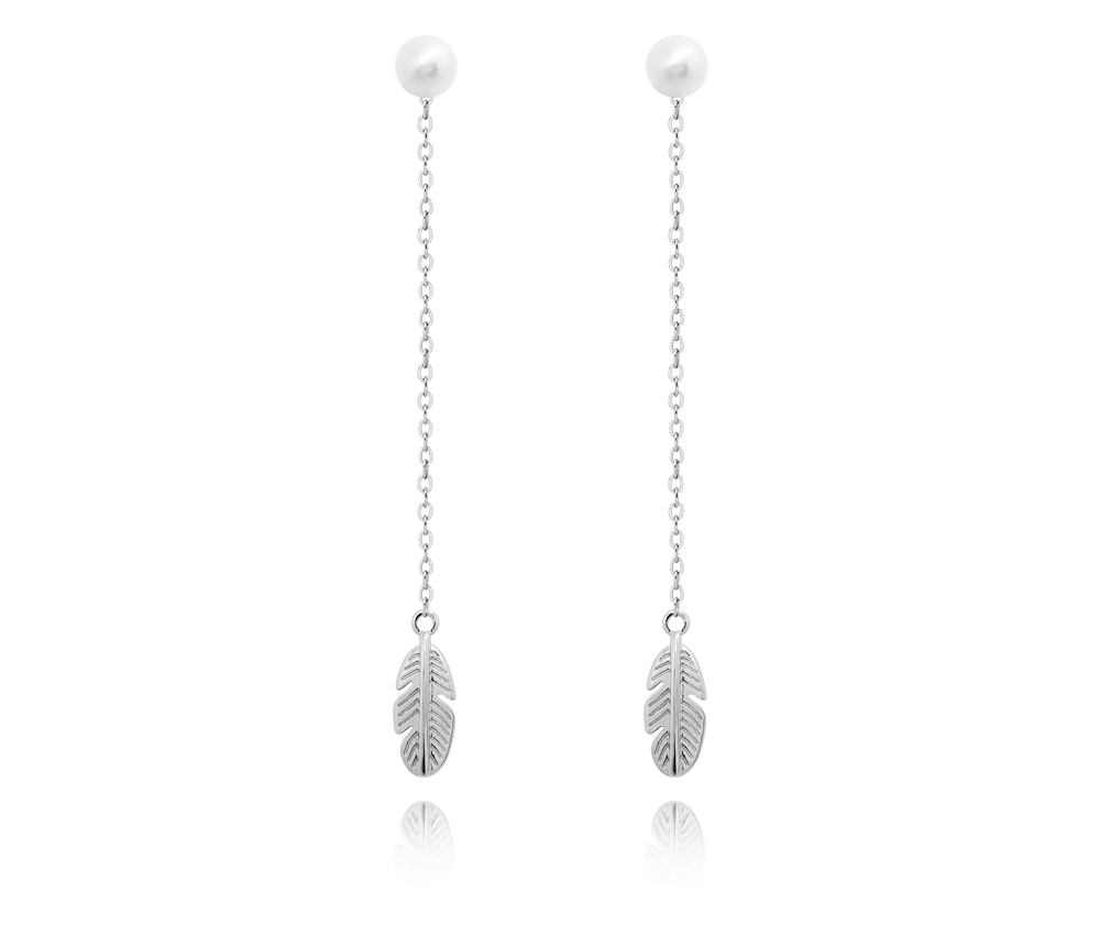 MINET Stříbrné náušnice PEŘÍČKA s přírodní perlou