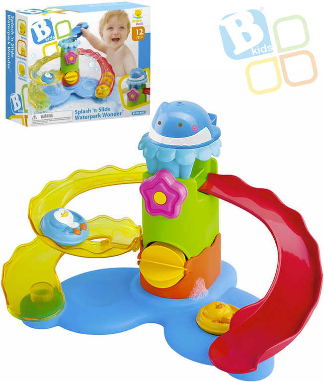 B-KIDS Baby tobogán barevný s vodním mlýnkem set se 2 zvířátky plast pro miminko