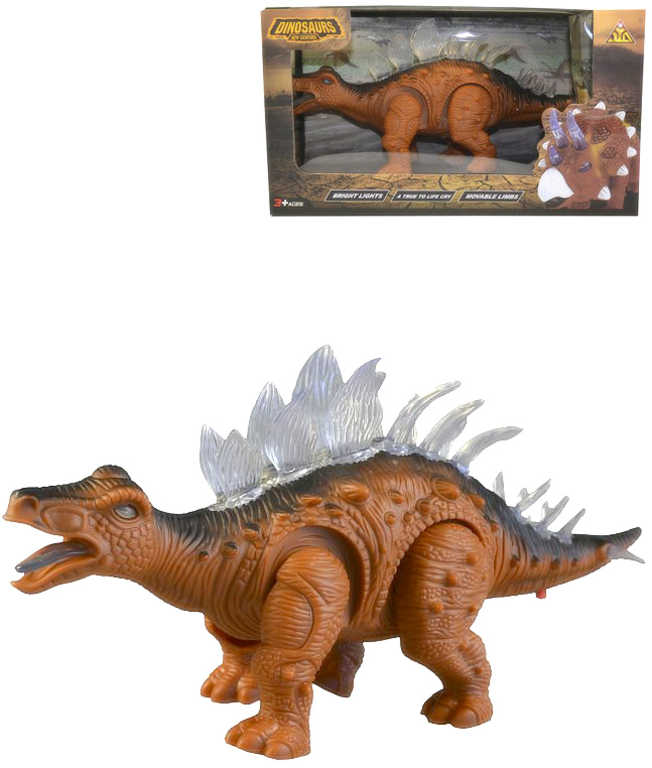 Dinosaurus hnědý plastový na baterie pohyblivý Světlo Zvuk v krabici