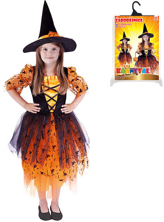 KARNEVAL Šaty čarodějnice černo-oranžová vel.M (116-128cm) 6-8 let *KOSTÝM*