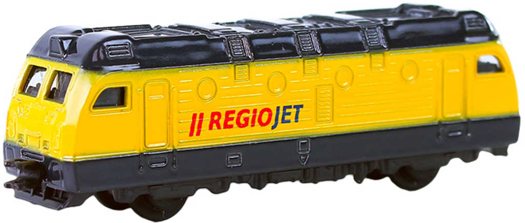 Lokomotiva žlutá kovová RegioJet 9cm volný chod doplněk k vláčku