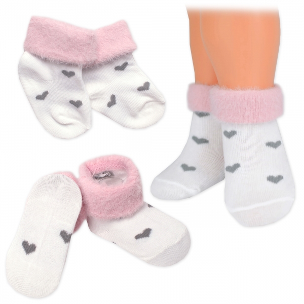 Bavlněné dětské ponožky s chlupáčkovým lemem, Srdíčka - bílé, vel.