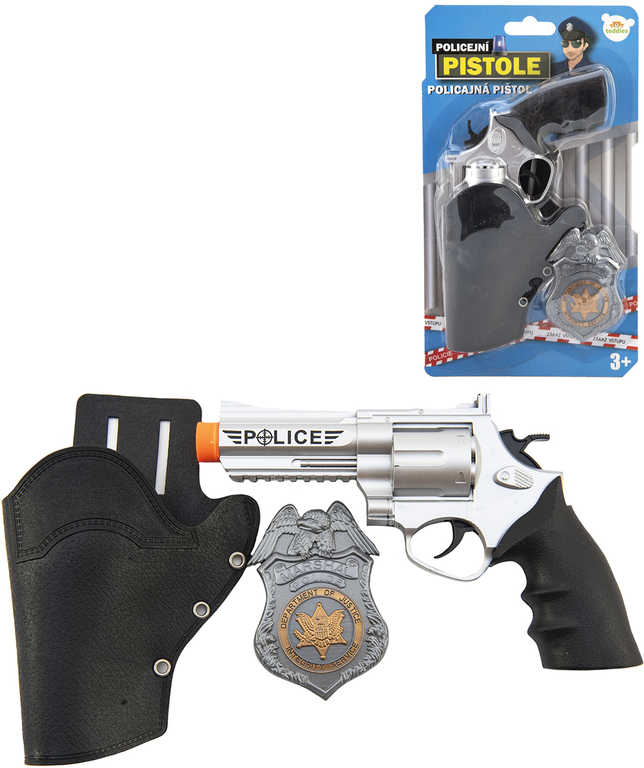 Pistole policejní klapací 20cm set s pouzdrem a odznakem plast