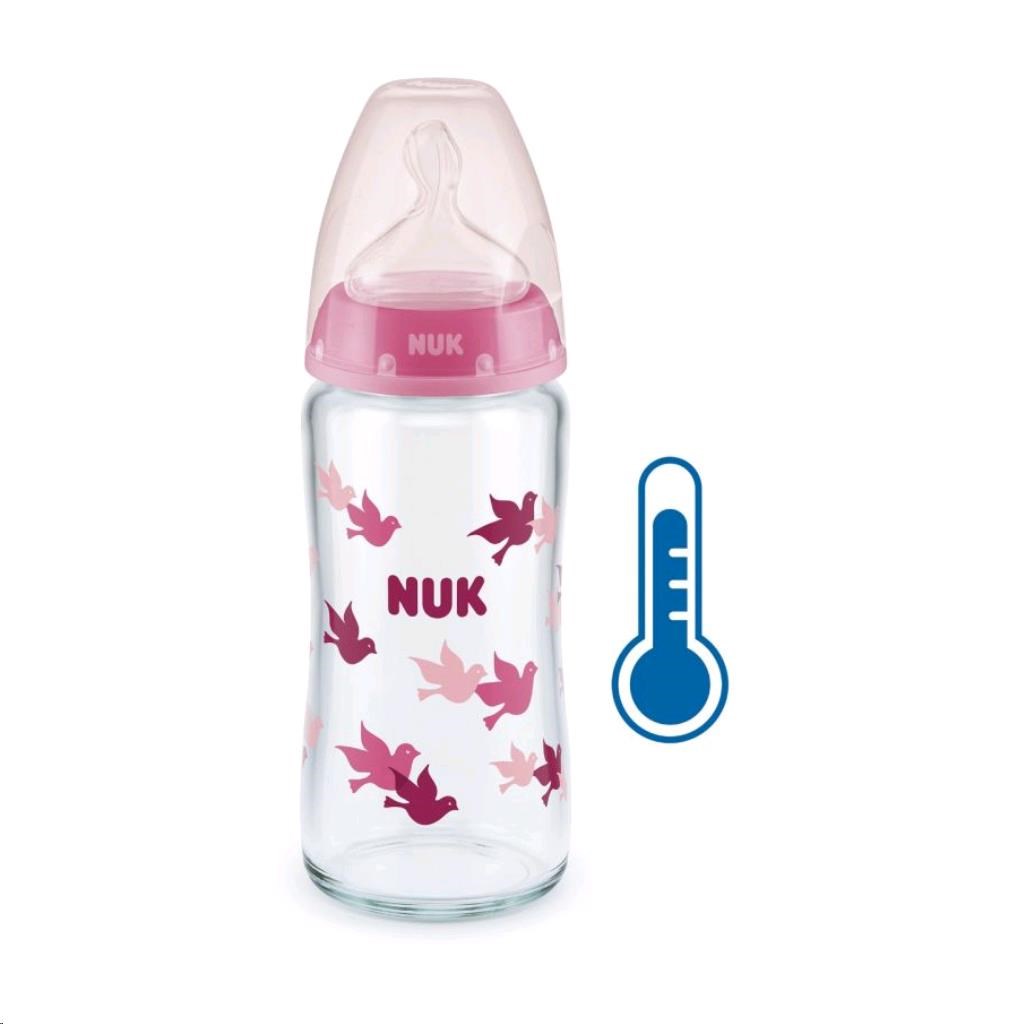 Skleněná kojenecká láhev NUK FC s kontrolou teploty 240 ml - růžová