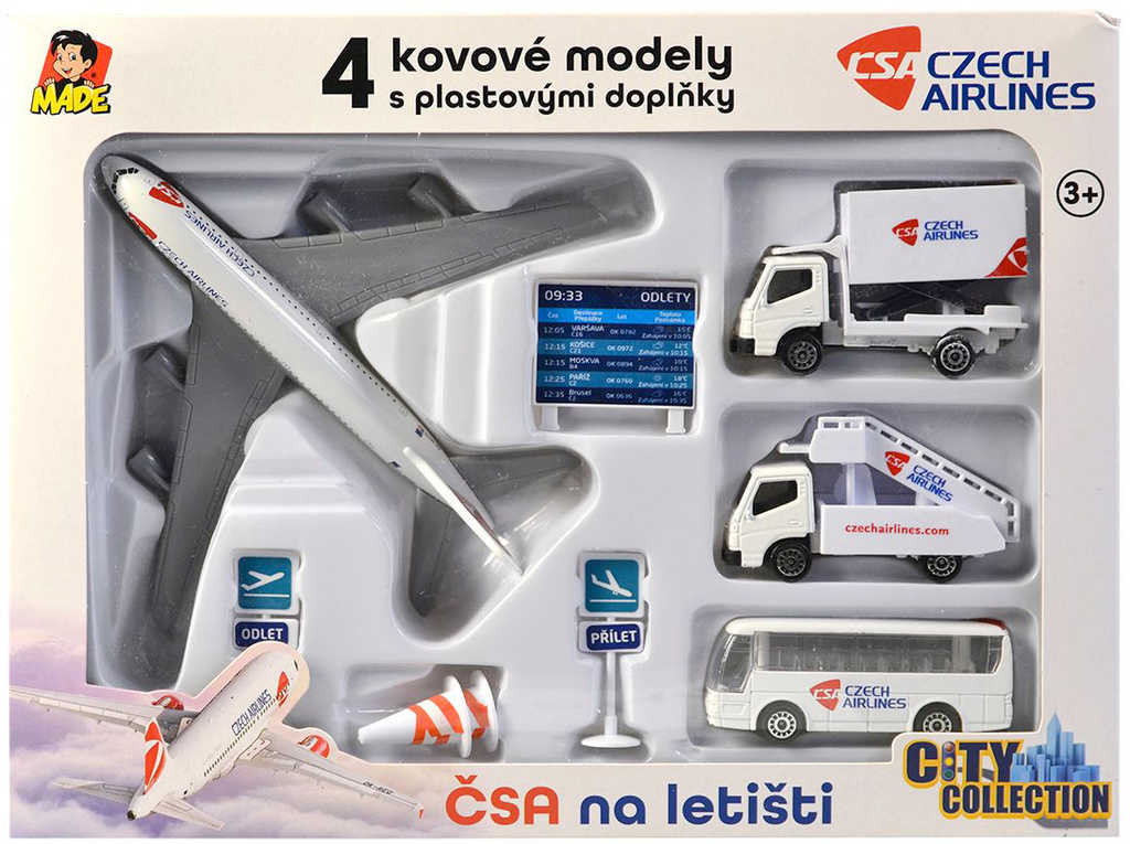 České Aerolinie na letišti ČSA set letadlo se 3 auty a doplňky kov v krabici