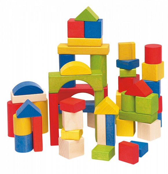 Woody dřevěné hračky - Stavebnice kostky barevné v kartonu, 50 dílů