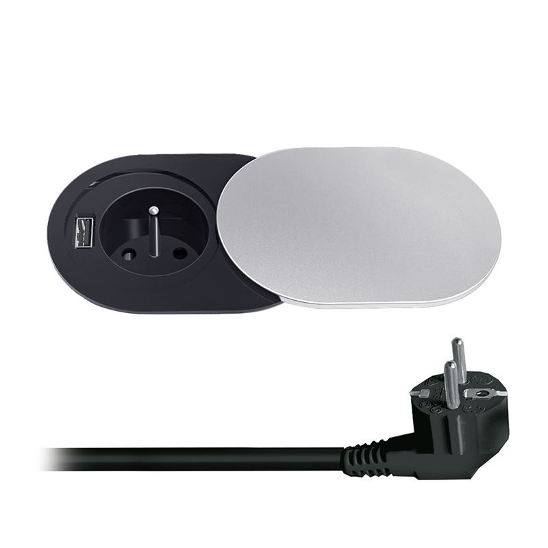 Solight 1x vestavná zásuvka + 1x USB s posuvným víčkem, oválný kryt z broušeného hliníku, prodlužovací přívod 1,9m, USB 2400mA