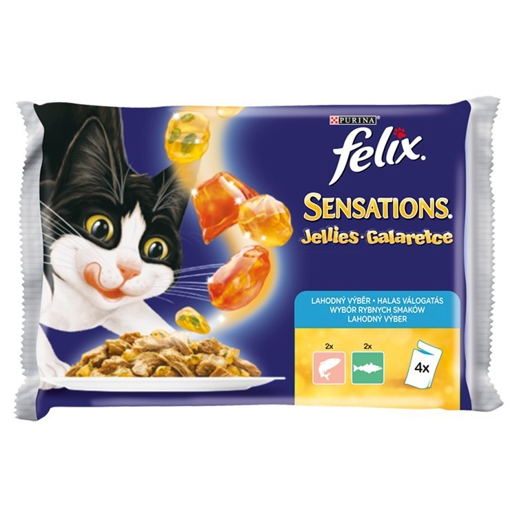 Felix Sensations Jellies lahodný výběr losos a želé s krabí příchutí + treska a želé s rajčaty kapsička pro kočky 4x100 g