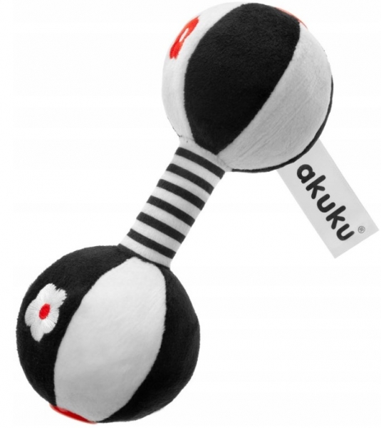 Plyšová hračka s chrastítkem Akuku - Činka, černo/bílá, 17 x 7 cm