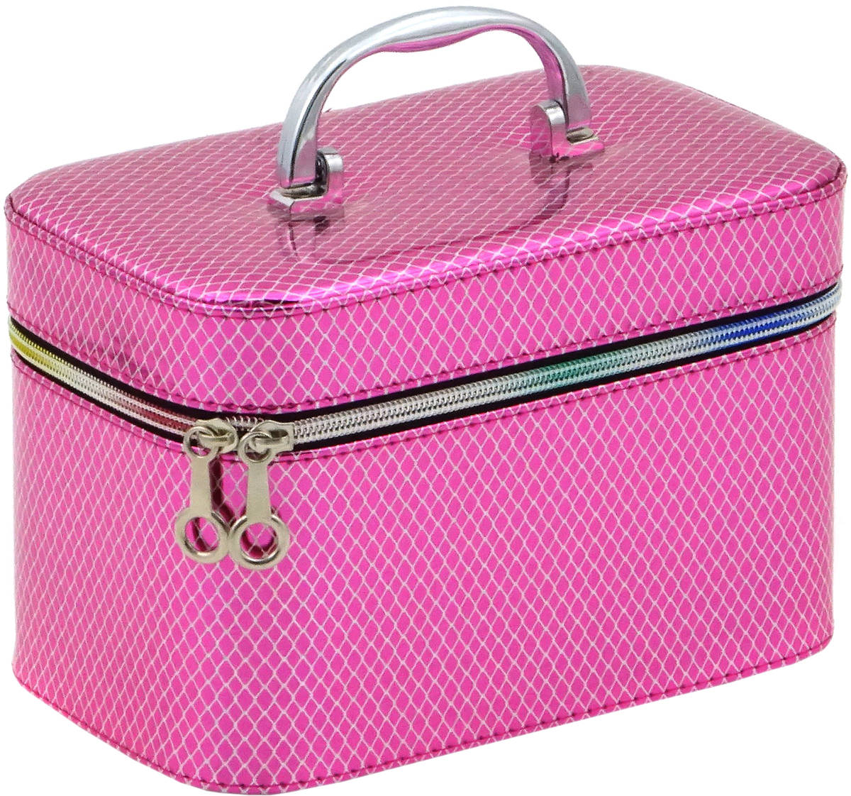 Kufřík dětský kosmetický růžový mřížkovaný vel. M se zrcátkem na zip