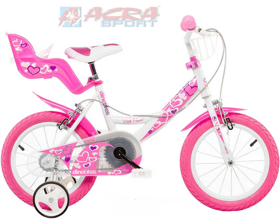ACRA Dětské kolo Dino 144 bílo-růžové 14" pro holčičky s nosičem a košíkem