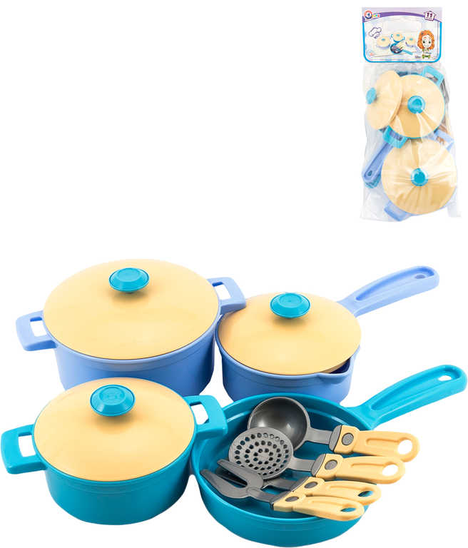 Pánev s hrnci a kuchyňskými nástroji set 11ks dětské barevné nádobí plast