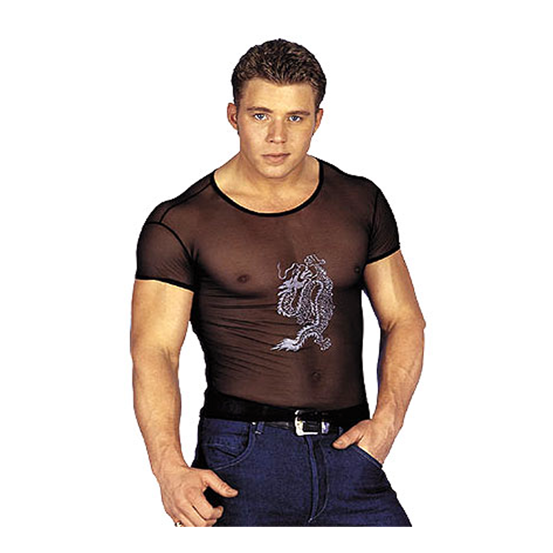 Průsvitné černé pánské triko s obrázkem draka (XL)