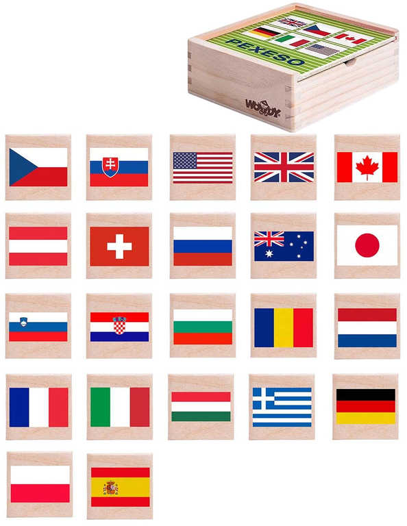 WOODY DŘEVO Pexeso vlajky států 44ks dřevěný box *SPOLEČENSKÉ HRY*