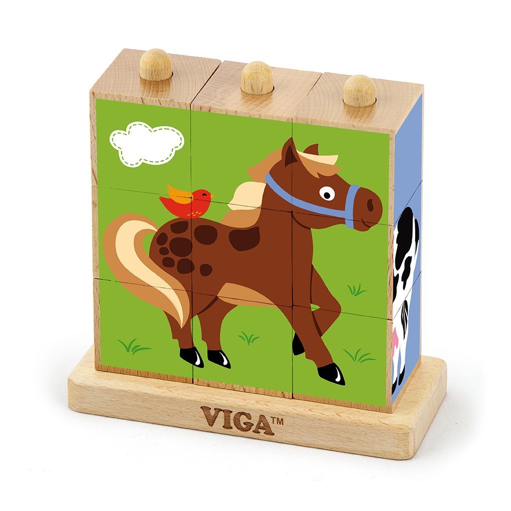 Dřevěné puzzle kostky na stojánku Viga Farma - multicolor