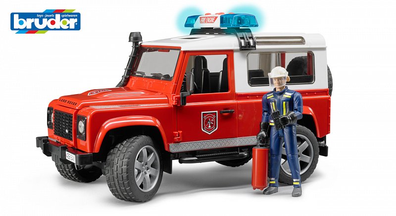 Bruder Užitkové vozy -  hasičské auto Land Rover s hasičem, 1:16