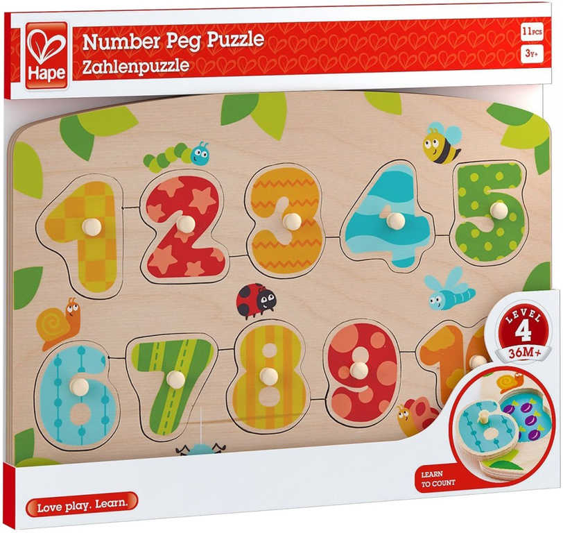 HAPE DŘEVO Baby čísla na desce puzzle vkládací s úchyty 10 dílků pro miminko