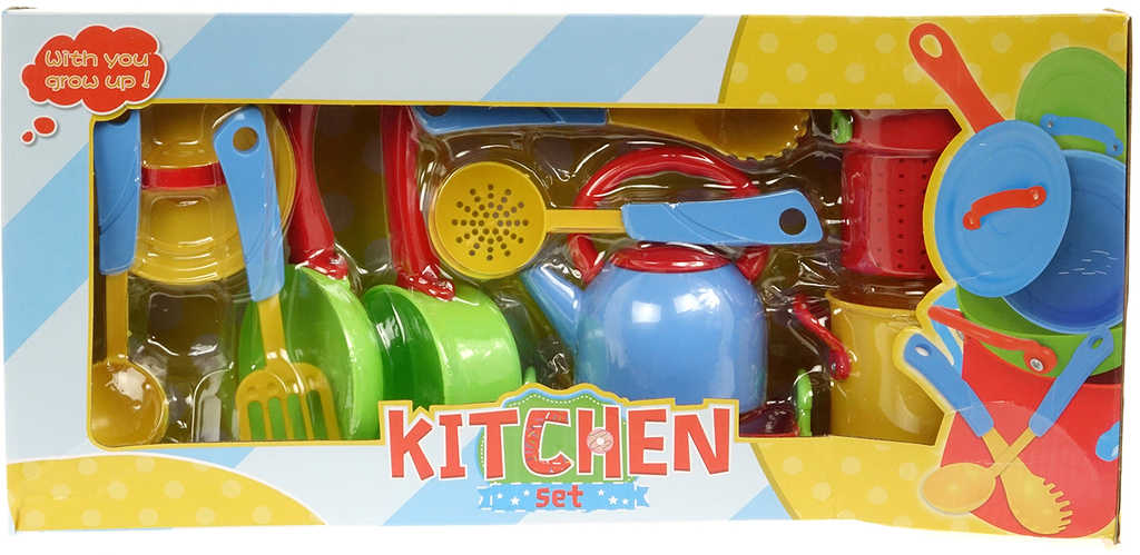 Dětské barevné nádobí plastové set s kuchyňskými nástroji v krabici