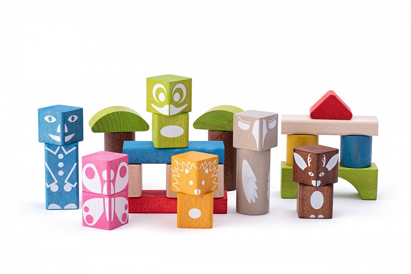 Woody hračky pro nejmenší - Kostky barevné s potiskem 26 ks - 3,3 cm