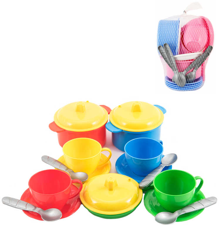 Sada dětské nádobí barevné set 18ks malý kuchař v síťce plast 2 druhy