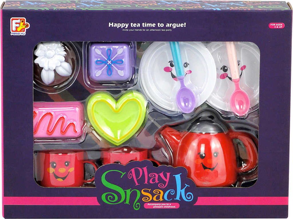 Veselý čajový set dětské nádobí s dortíky s obličejem plast v krabici