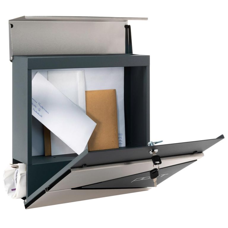 Poštovní schránka s přihrádkou na noviny, stříbrná, 2 klíče