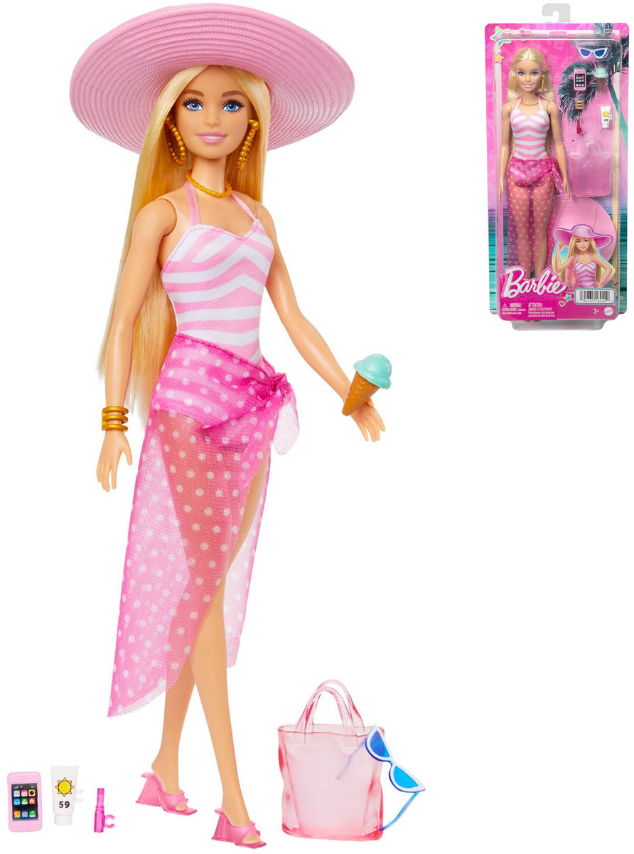 MATTEL BRB Panenka Barbie na pláži letní obleček s doplňky v krabici