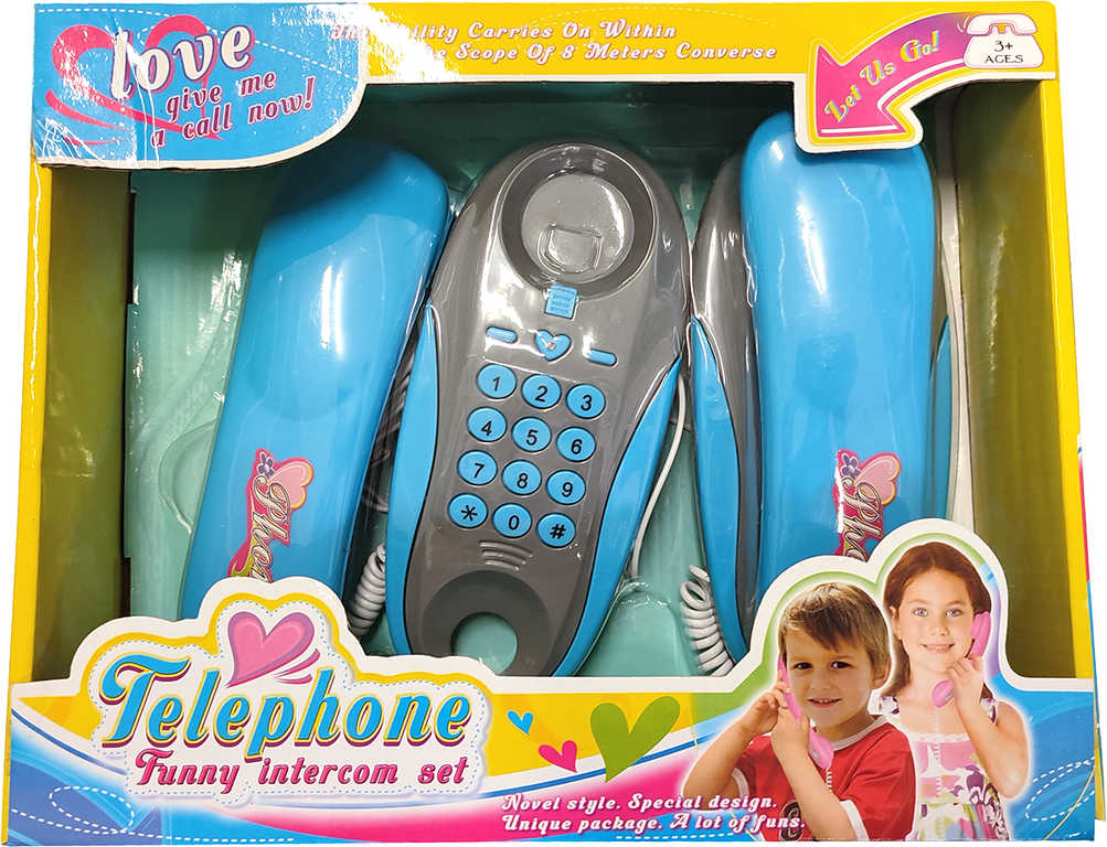 Telefony dětské pokoj-pokoj šedo-modré 2ks drátové na baterie Zvuk