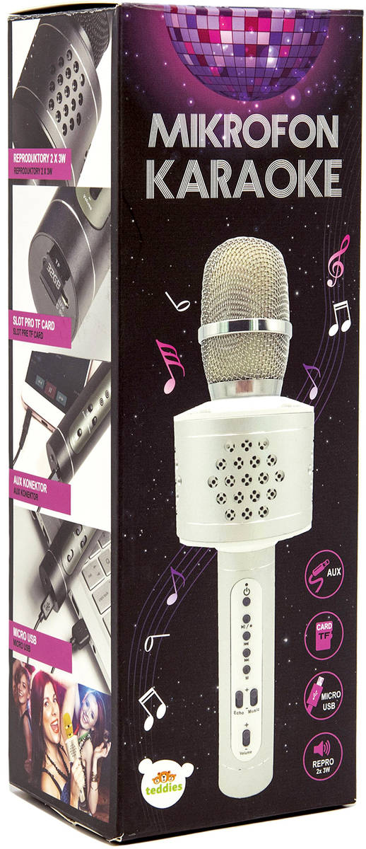Mikrofon Karaoke Bluetooth černý bezdrátový na baterie USB kabel v krabici
