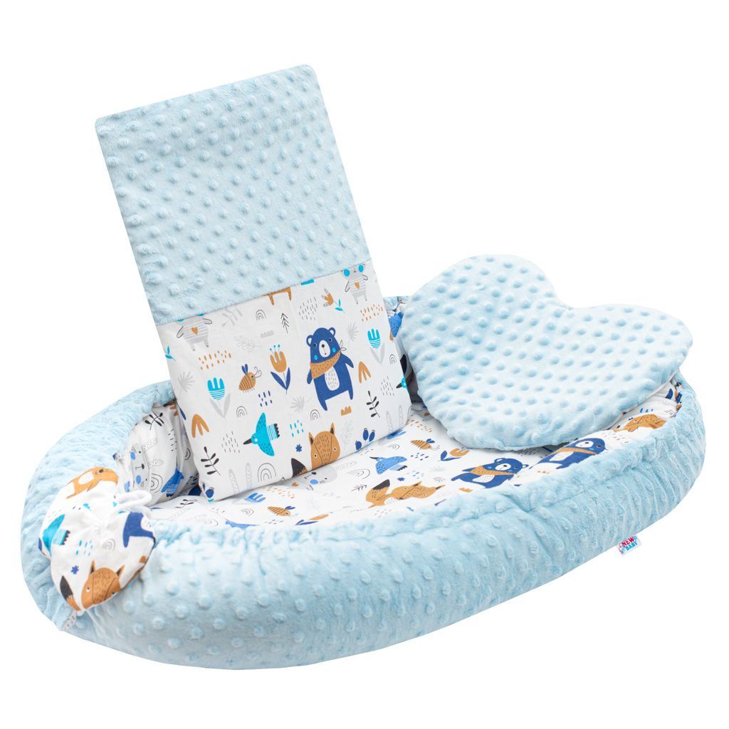 Luxusní hnízdečko s polštářkem a peřinkou New Baby - z Minky - modrá