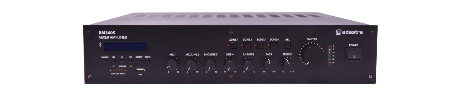 Adastra RM360S, 100V 4-zónový 5-kanálový mixážní zesilovač, 360W, BT/MP3/FM